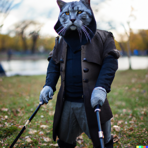 Catman with popped collar and crutches walking in the city park