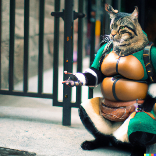 Catman in a Donatello costume breastplate begging on the city sidewalk