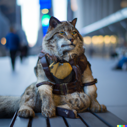 Short catman sitting on the city sidewalk